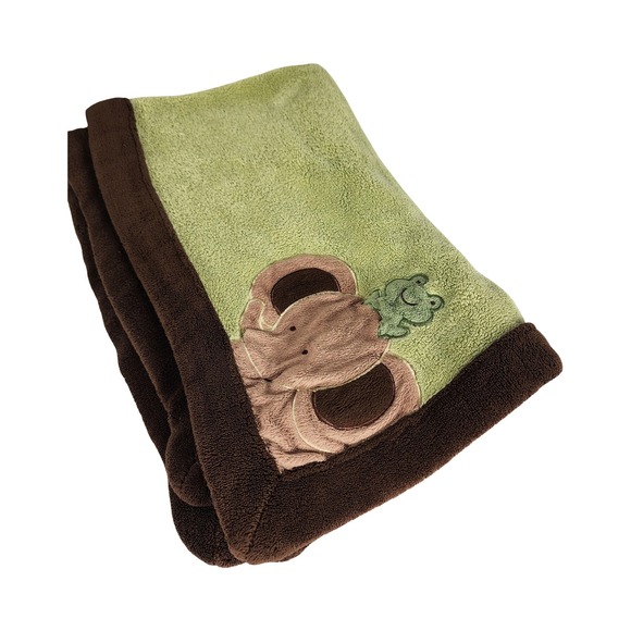 Sage Green Plush Baby Blanket Elephant Frog Applique Brown Border 27x34 Soft - Picture 9 of 9